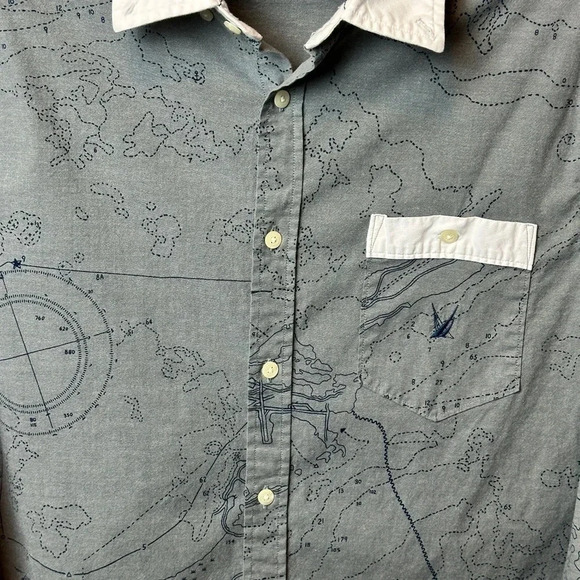 Nautica Mens Blue Sail Map Print Button Up Shirt Grey White Size: XL - Picture 6 of 11